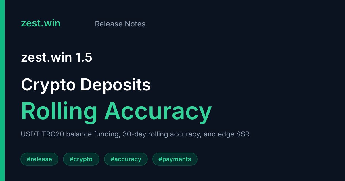 What’s New in ZestWin v1.5.0: Crypto Deposits, Rolling 30-Day Accuracy & Flexible Plans